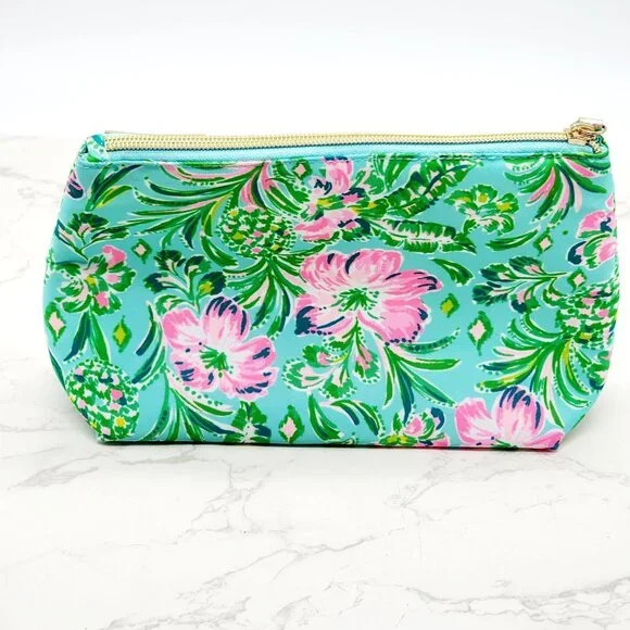 Lilly Pulitzer Cosmetic Bag Surf Blue Oh Diamond Girl Folia Green Pink Floral - Picture 4 of 8